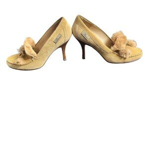 StUnNiNg Fur Lined DELMAN Suede Loafer Style Heels Tan Brown Size 7.5